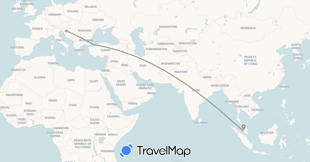 TravelMap itinerary: driving, plane in Croatia, Malaysia, Turkey (Asia, Europe)